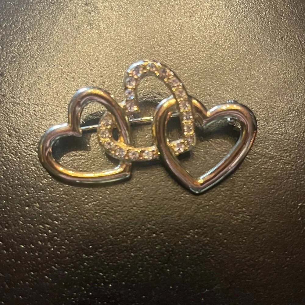 Triple Heart Gold Tone Brooch with Rhinestones